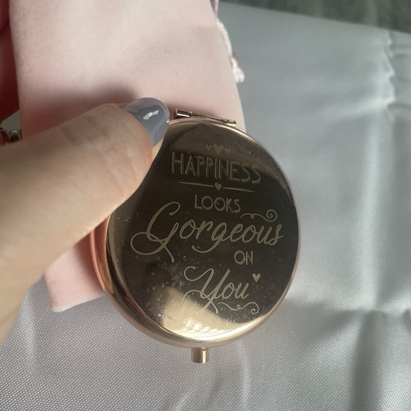 Happiness Looks Gorgeous On You Metallic Rose Colored Compact Double Mirror - Picture 2 of 7